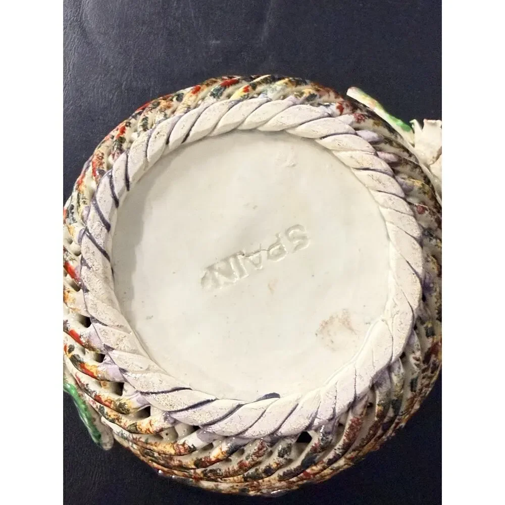 Vintage Spain HandPainted Openwork Pottery Basket Floral Rose Bowl Cottage Decor